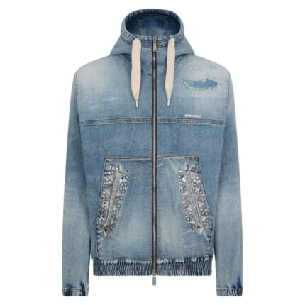 DSQUARED2 LIGHT SUPER SOFT WASH DENIM DIAMONDS HOODIE JACKET