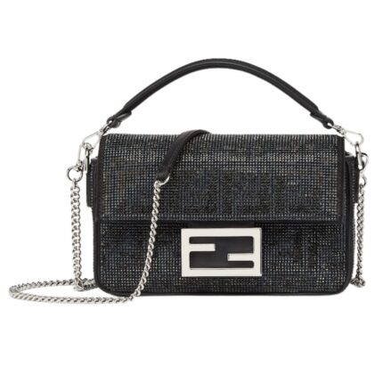 FENDI BAGUETTE MINI BLACK SUEDE BAG WITH FF IN CRYSTALS AND STUDS