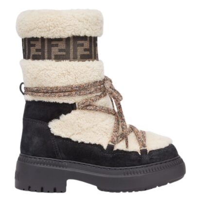 FENDI APRES CHIC WHITE SHEEPSKIN AND BLACK SUEDE BOOTS