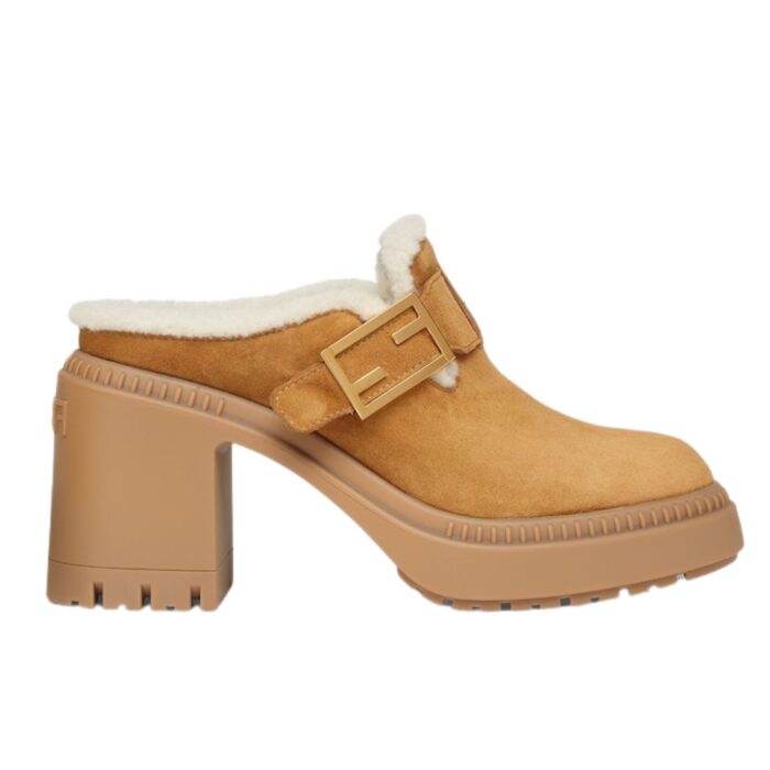 FENDI BAGUETTE BROWN NUBUCK AND SHEEPSKIN SABOTS