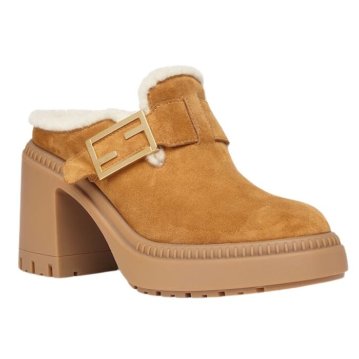 FENDI BAGUETTE BROWN NUBUCK AND SHEEPSKIN SABOTS