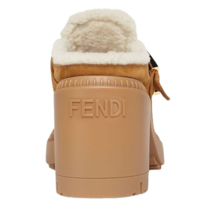 FENDI BAGUETTE BROWN NUBUCK AND SHEEPSKIN SABOTS
