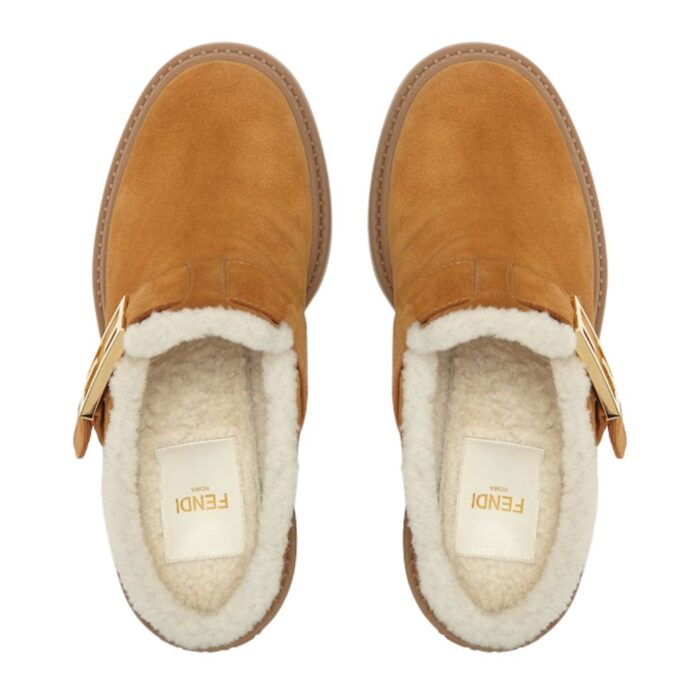 FENDI BAGUETTE BROWN NUBUCK AND SHEEPSKIN SABOTS